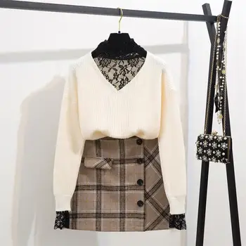 

Fashion Elegant Half Turtleneck Two Piece Set Sexy Lace Knitted Sweater And Plaid Mini A-Line Skirt Fall Student Sets
