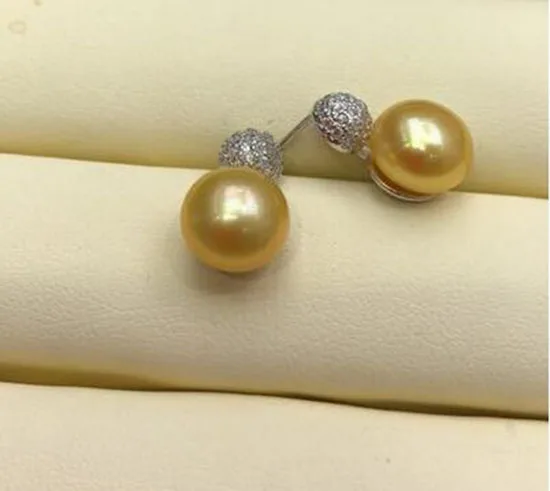 elegant 9-10mm south sea flat round gold pearl earring 925s