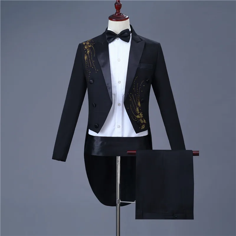 as picture fashion men's classic tuxedo suit set slim up and down inlay diamond adorn black tuxedo prom party set(tail coat+belt+pant - Цвет: as picture