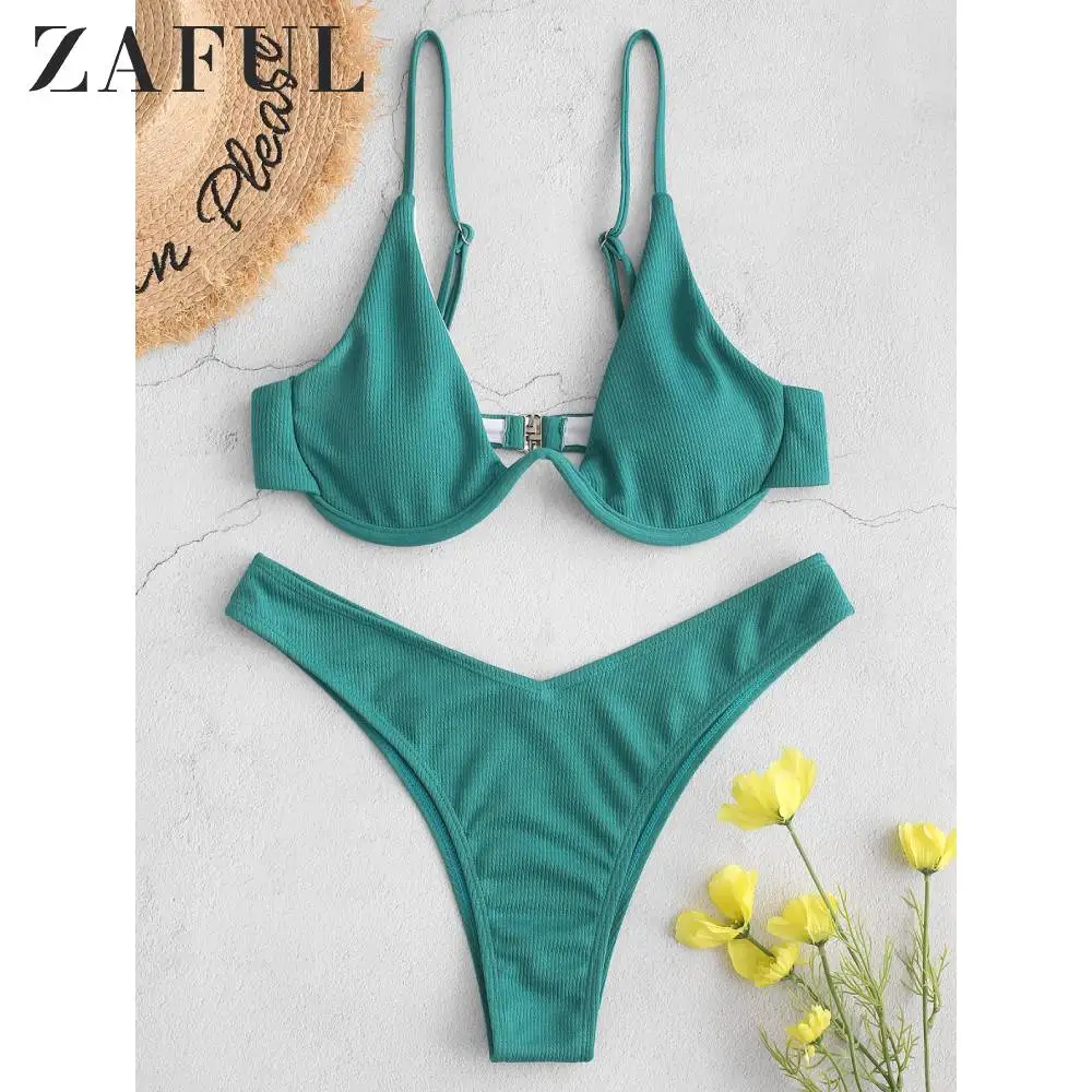 

ZAFUL Ribbed High Leg Underwire Bikini Swimsuit Padded Underwire Spaghetti Straps Solid Holiday Swimsuit Beach Bathing Suit