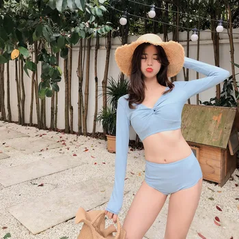 

Women's Swimsuit Bikinis 2019 Woman For Girls Separate Bikini Summer Korea High Waist Ins Web Sexy Long Sleeve Youth Solid