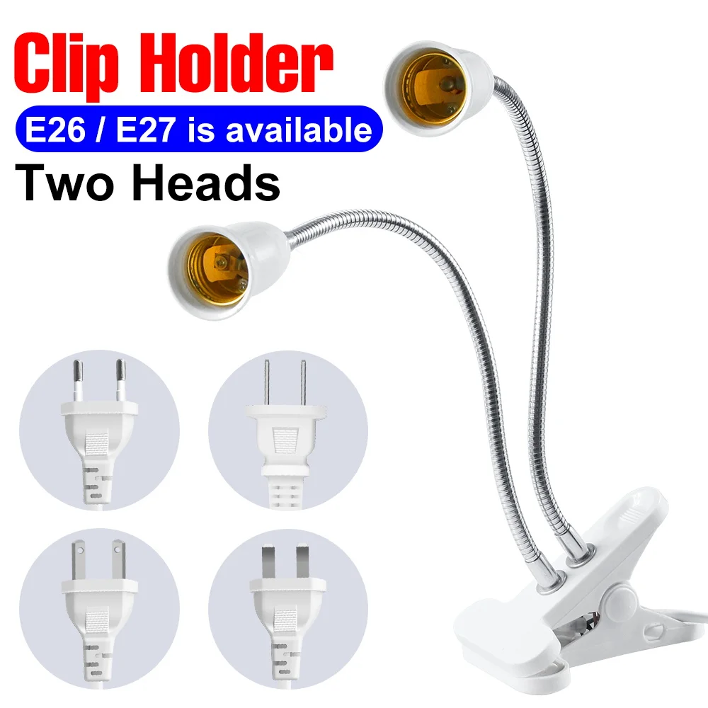 Double E27 Socket LED Lamp Holder E26 Bulb Base Pendant 85-265V Flexible LED Light Clip For Plant Grow Lighting US EU UK AU plug