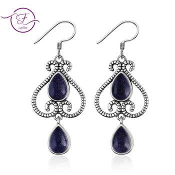 

Jewelry S925 Sterling Silver Earrings Fashion Ethnic Pear Shape 6X9MM Blue Sandstone Earrings Wedding Party Wholesale