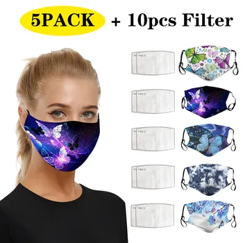 

5PC Adult Cotton Printed Reusable Washable Dustproof Breathable Face Mask For Nose Mouth Proteccion Mouth Shield With 10 Filters