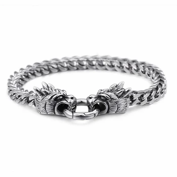 

22.5cm Domineering Animal Dragon Heads Charm Bracelets For Men Punk Stainless Steel 6mm Link Chain Wrap Bracelet Jewelry