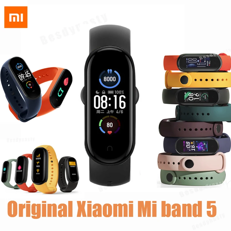 Оригинальный Смарт браслет Xiaomi Mi Band 5 цветной дисплей AMOLED 1 дюйма пульсометр
