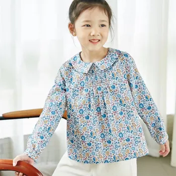 

baby girls clothes Girls spring and autumn long sleeve lapel blouse Blue floral pattern sweet top