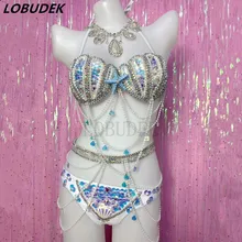 В виде ракушки Кристалл Бикини Набор фестивальный рейв вечерние бар клуб сценический костюм Стразы Бисер бюстгальтер юбка наряд сексуальный DJ шоу танцевальная одежда