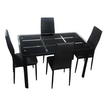 

Rectangle Tempered Glass Dining Table with Nine Block Box Pattern Black and 4pcs Elegant Assembled Stripping Texture High Backre