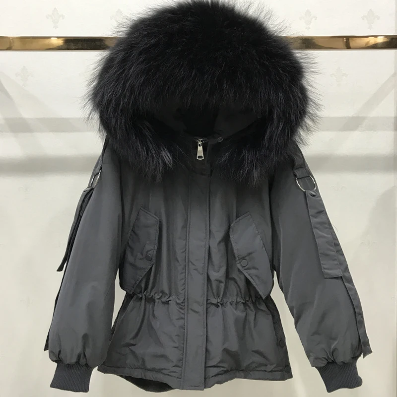 

Large Real Raccoon Fur 2020 Women Winter Jacket Hooded Warm Female White Duck Down Jacket Medium Long Parkas Loose Coat