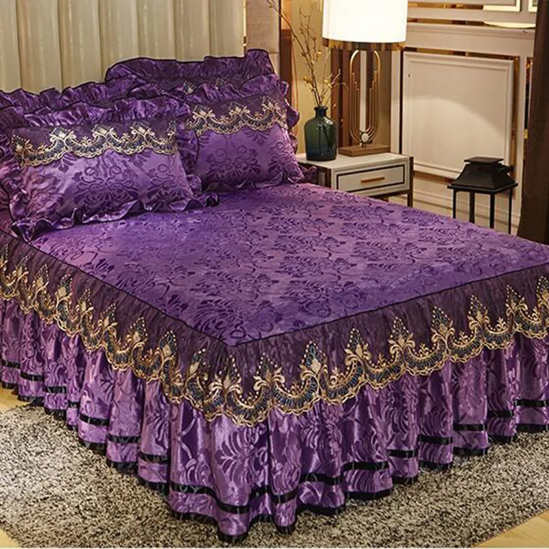 European Style Skirted Bed Sheet 3pcs Bedspreads Velvet Lace Edging Bed