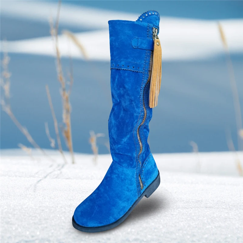 BU SAGACE Winter Warm Knee High Boots Womens Snow Boots PU Leather High Heels Side Round Toe Side Zipper Tassel Female Shoes 1026 - Цвет: BU
