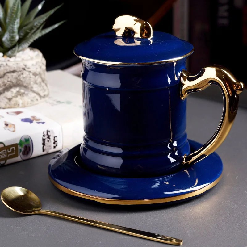 YeFine набор керамических кофейных чашек 350 мл Чайные Чашки Блюдца с крышкой креативная домашняя офисная чайная чашка из фарфора для завтрака и молока - Цвет: Синий