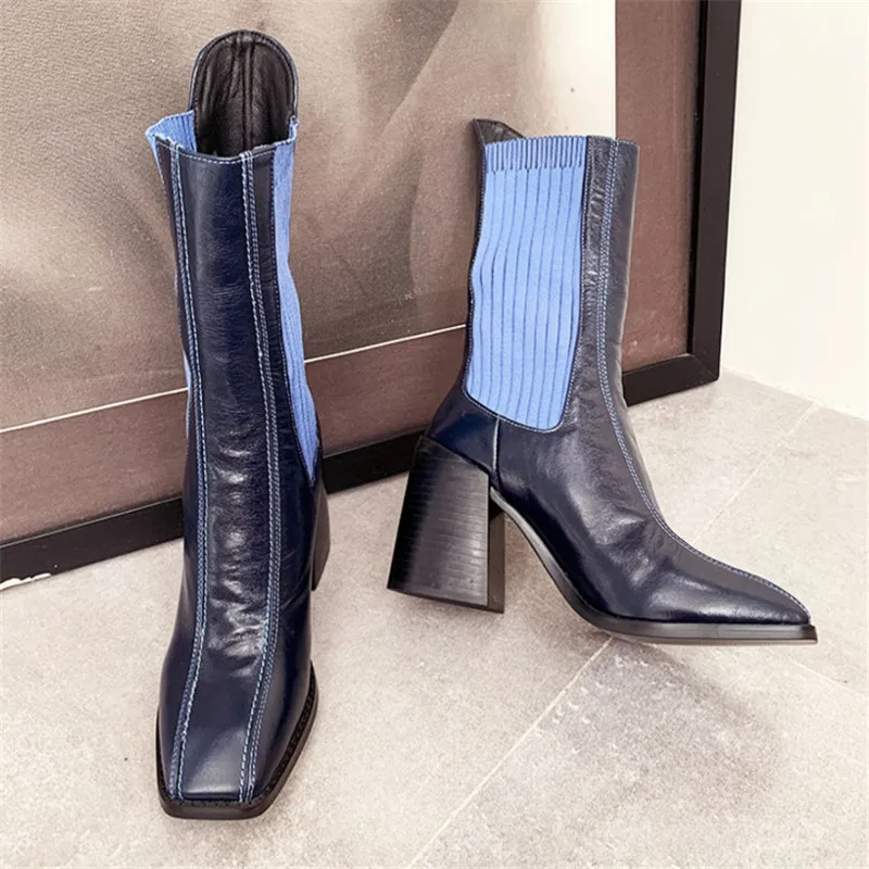 Knsvvli Chunky High Heels Knitting Stretch Boots Woman Mixed Color Runway Short Boots Leather Patchwork Sock Boots Women