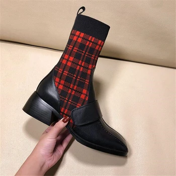 

Runway Shoes Woman 2020 New Design Striped Grid Botas Mujer 4 Colors Square Toe Winter Boots Women Chunky Heels Ankle Botines
