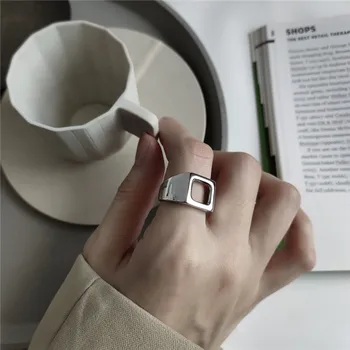 

RUIYI Real 925 Sterling Silver Nordic Style Geometric Square Hollow Rings Women Minimalist Pure Silver Niche Cool Finger Rings