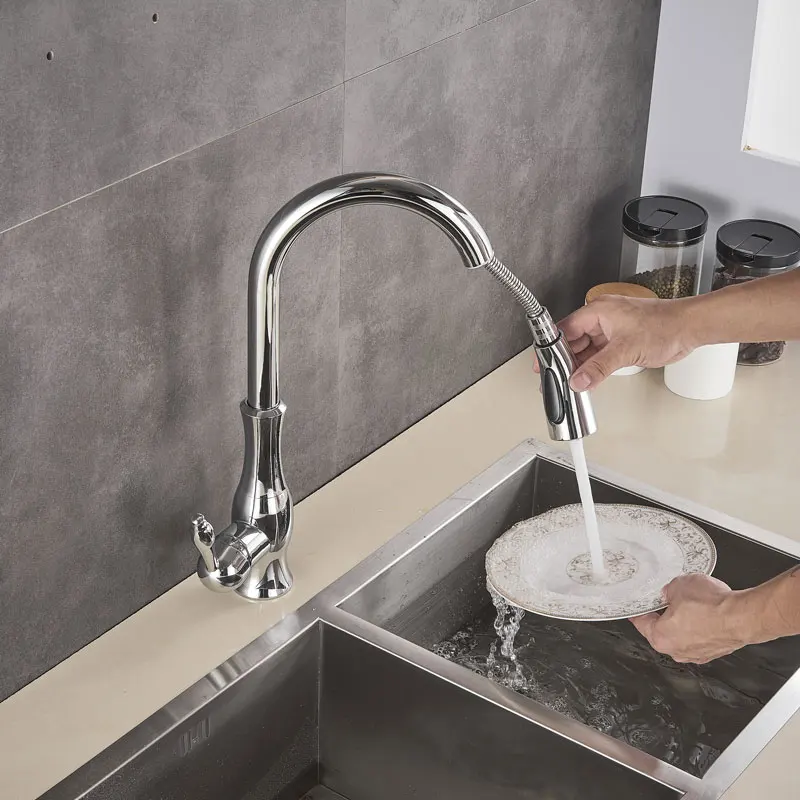 Golden Kitchen Faucets Pull Out Mixer Sink Tap 360 Rotation Single Handle Water 2-way Sprayer Mixer Tap