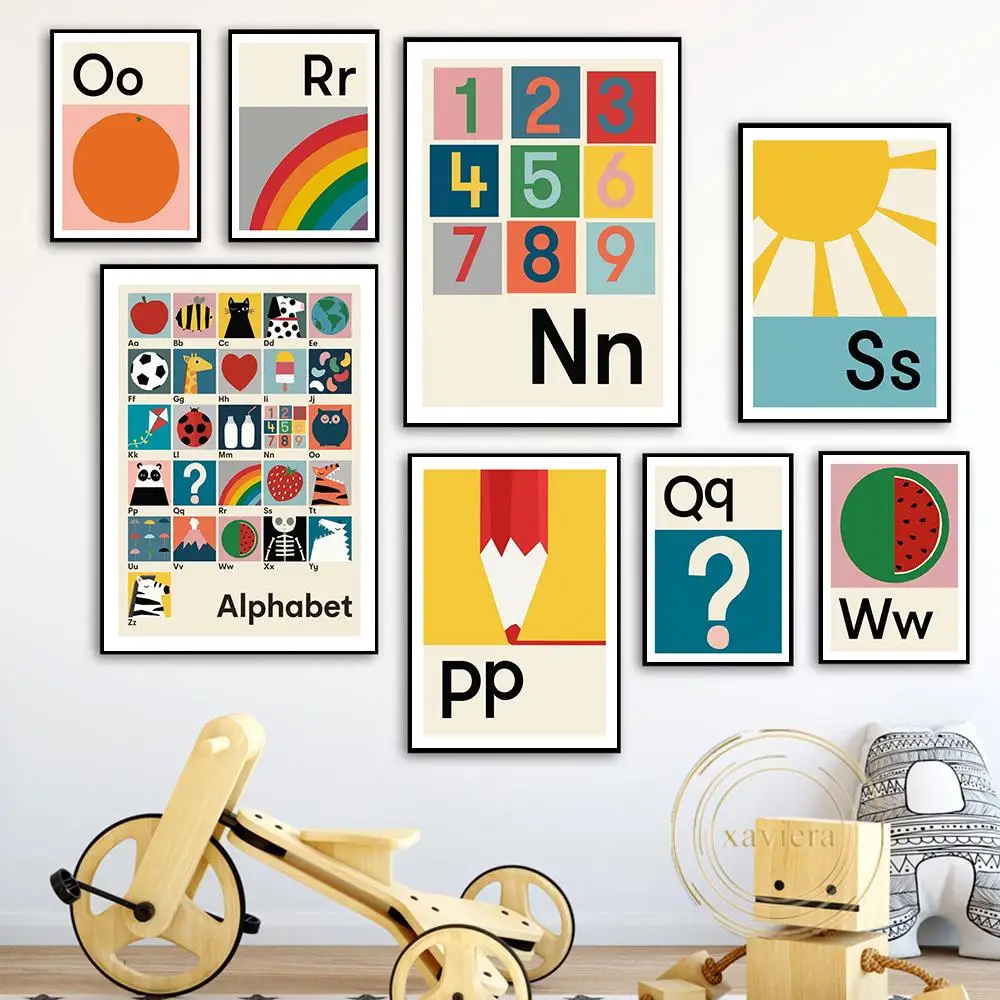 Cartoon Alphabet Number Table Canvas Painting Children Room Wall Art Poster Fruit Toy Pattern Picture Decor Nursery Kindergarten | Дом и сад
