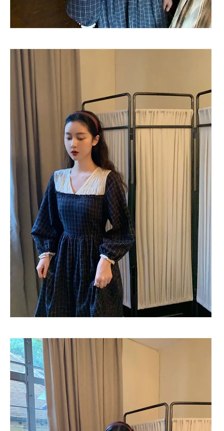 Long Sleeve Dresses Women V-neck Patchwork Autumn French Style Students Trendy Streetwear Simple Leisure Aesthetic Female Retro mini dress