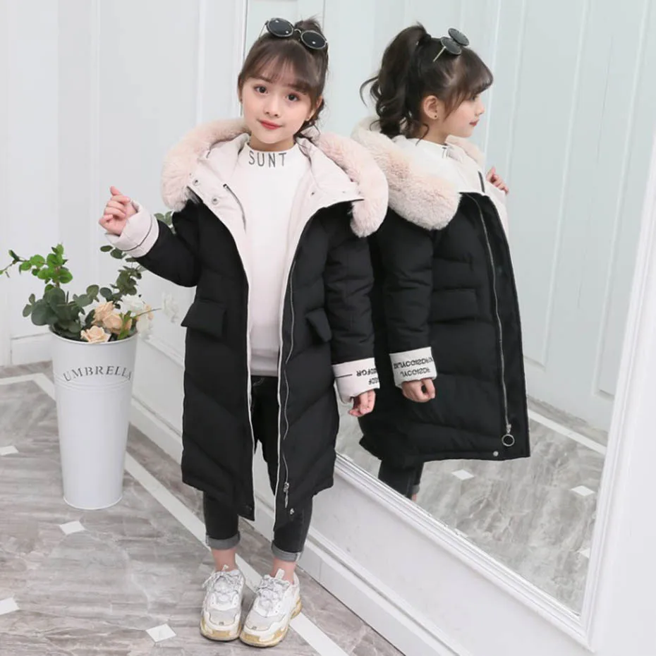 Girls Coat Fashion Patchwork Cuffs Girl Parkas Soft Real Fur Collar Kids Down Coat Winter Thick Warm Clothes For Girls Christmas - Цвет: AS PICTURE