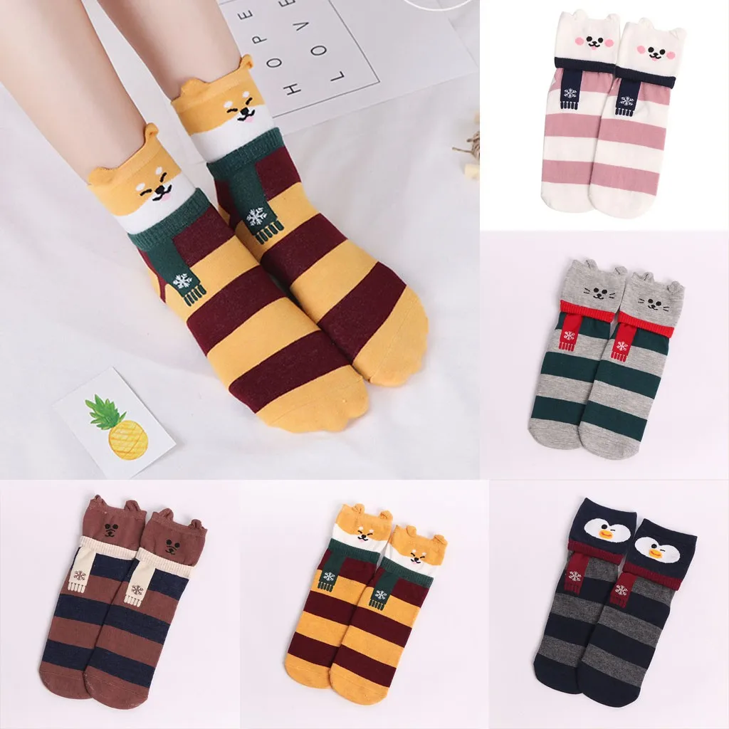 Зимние забавные носки для взрослых; Модные женские вязаные носки-тапочки в полоску с рисунками животных из мультфильмов; толстые теплые носки; W1129