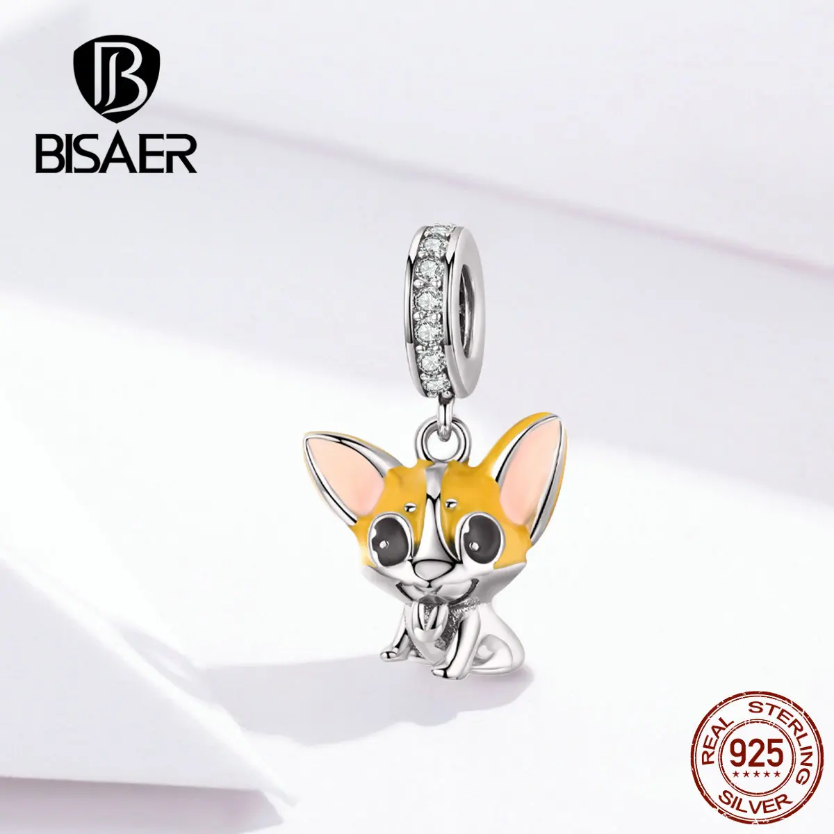 BISAER, подвески в виде собаки, 925 пробы, серебряные, вельш, корги, бусины, коричневая эмаль, собачка, животное, шарм, подходят для браслетов, сделай сам, изготовление ювелирных изделий EFC078