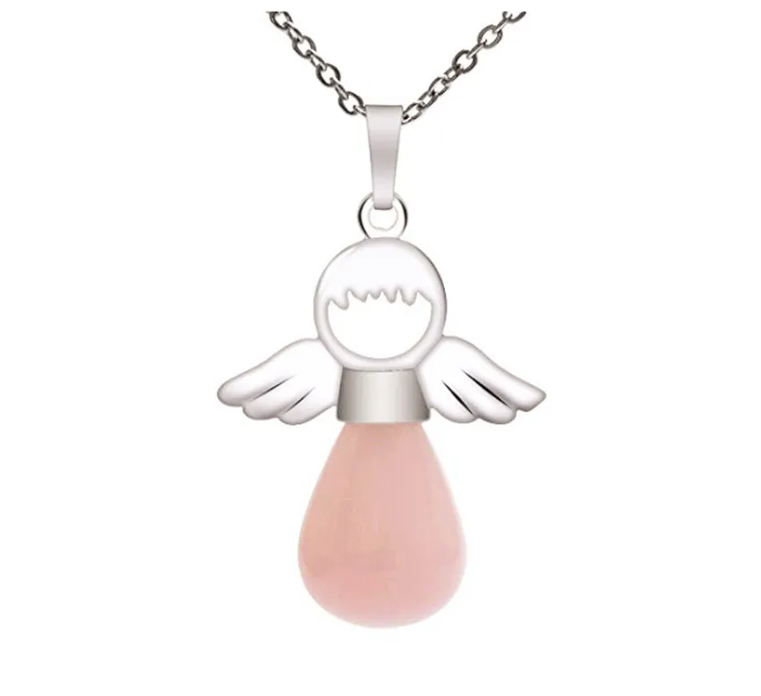 

FYJS Unique Silver Plated Angel Wing Natural Rose Pink Quartz Pendant Water Drop Necklace for Women Jewelry