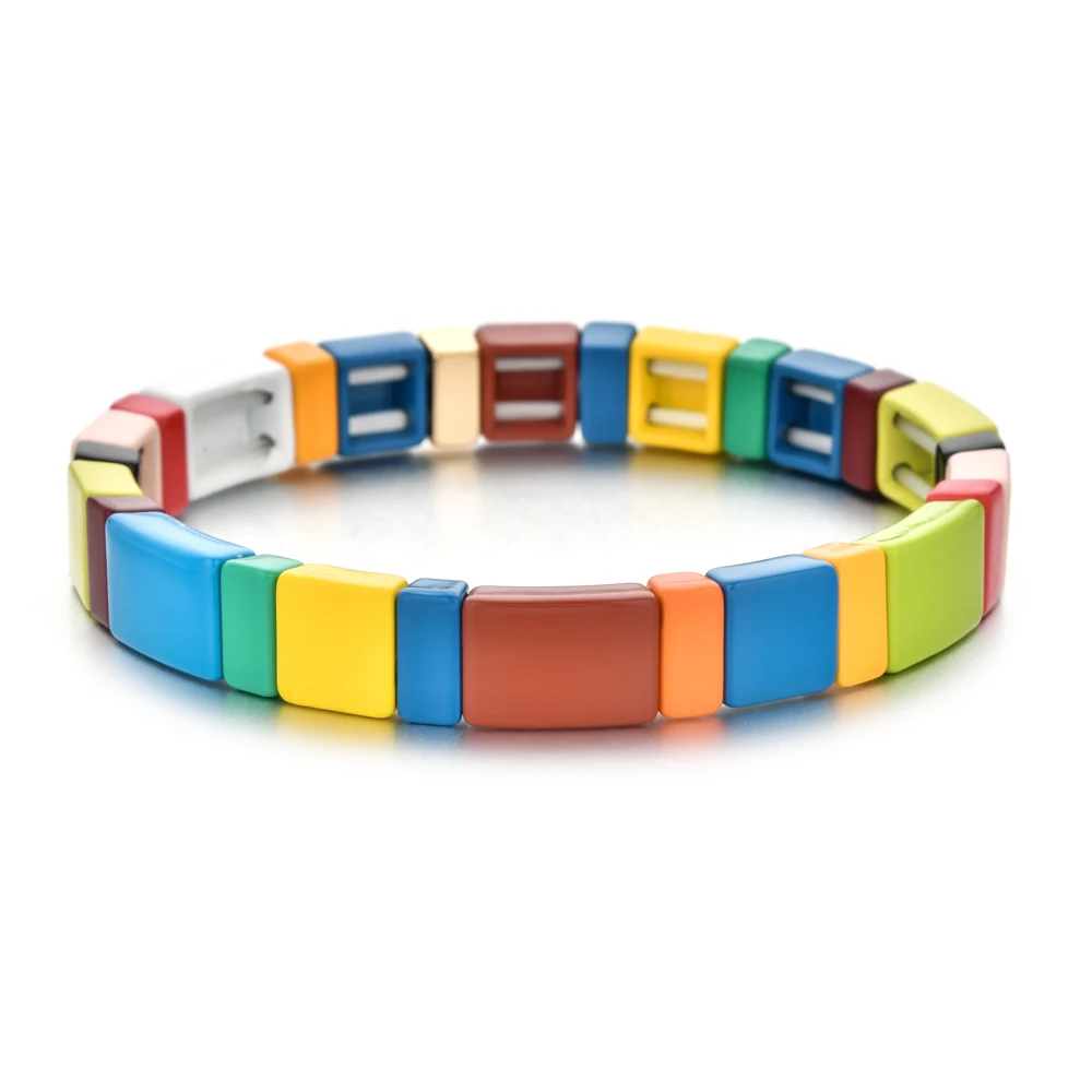 Hot Fashion Multicolor Enamel Colour Elasticity Bracelets Colorful Fashion Bangles for Men Stacking Alloy Tile Bracelet Pulsera