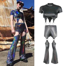 Блестящая необычная Сексуальная футболка с короткими рукавами для бара и ночного клуба, брюки, женская одежда для выступлений певицы, одежда для сцены GoGo DWY2624