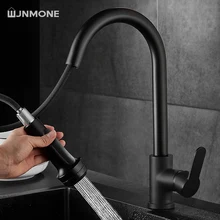 

WJNMONE Black Brushed Nickel Faucet Kitchen Pull Out Mixer Hot and Cold Water Taps Deck Mounted