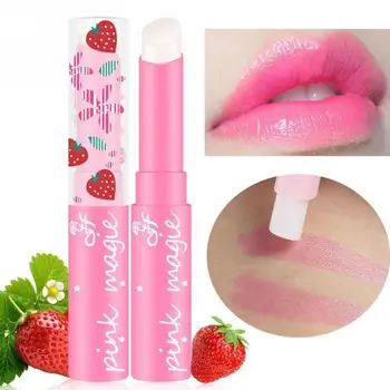 

Cute Makeup Baby Pink Strawberry Moisturizer Sweet Fruit Magic Change Color Lipstick Lip Balm Long Lasting Luscious Color