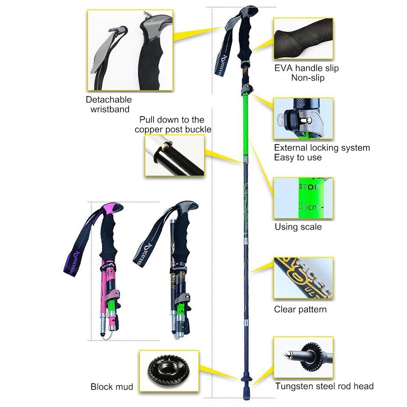 Folding Hiking Stick Cane Trekking Poles Portable Alpenstock Anti-Skid Handle Walking Sticks New