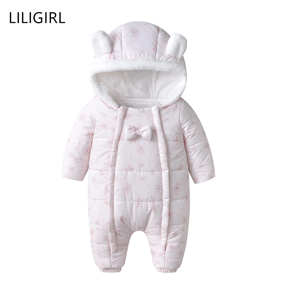 

LILIGIRL Cotton Winter Baby Girl Overalls Bodysuit Clothes Newborn Child Thicken Warm Snowsuit Infant Hooded Jumpsuit Snow Wear