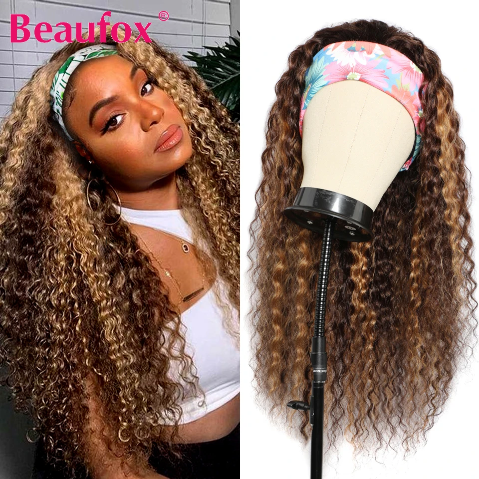 Beaufox Water Wave Headband Wig Human Hair Wigs For Black Women Brazilian Scarf Machine Made Wig Highlight Curly Human Hair Wig 2