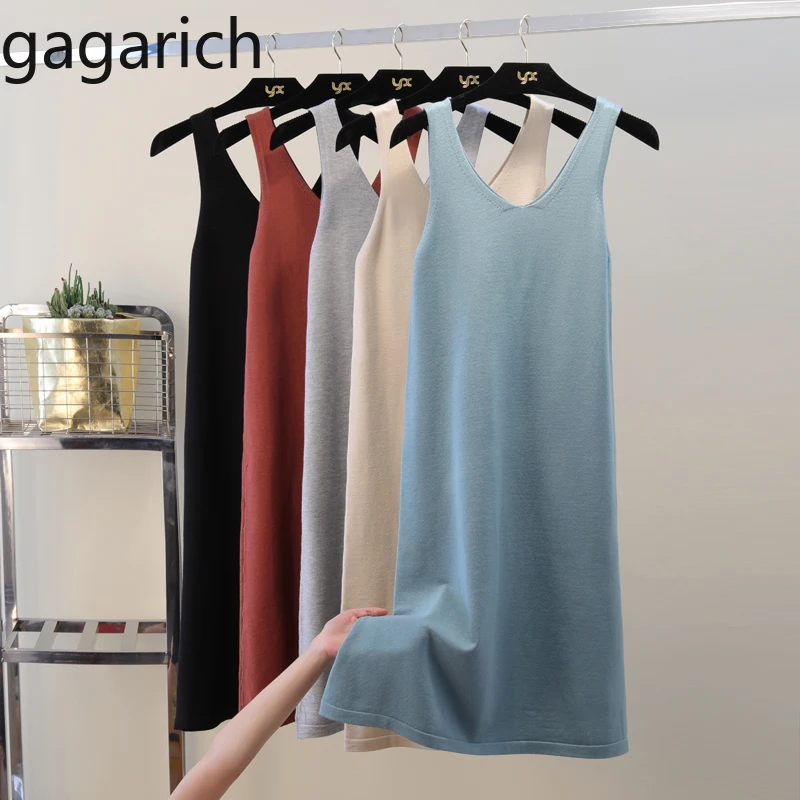 Gagarich Knitted Dress 2020 Sexy Bodycon Solid Sleeveless Stretch Dresses Autumn Winter V-Neck Tank Knee-Length Vestidos Verano | Женская
