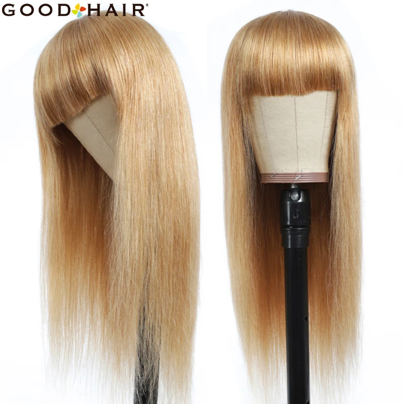 

Honey Blonde Human Hair Wigs With Bangs Brazilian Straight Non Lace Wig NonRemy Long Cheap Full Machine Human Hair Wig GOOD HAIR