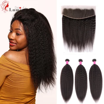 

Malaysian Kinky Straight Bundles With Lace Frontal Pre Plucked Remy Human Hair Coarse Yaki Straight Hair Bundles With Frontal