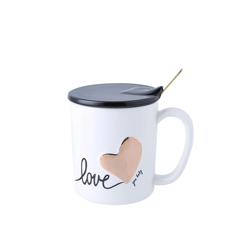 Скандинавская креативная керамическая чашка сердце любовь пара чашка с крышкой ложка кружка офисная кофейная чашка кружка - Цвет: Белый