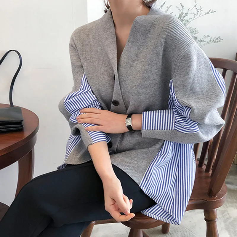 

Patchwork Striped Women Sweater Cardigan 2019 Autumn Fashion Loose V Neck Button Cardigan Long Sleeve Knitted Sweater Tunic