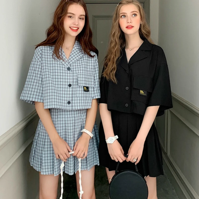 Summer-Women-Sets-Harajuku-Preppy-Style-Short-Sleeve-Plaid-Shirt-Pleat-Skirt-Cute-Skirt-Set-Kawaii (2)