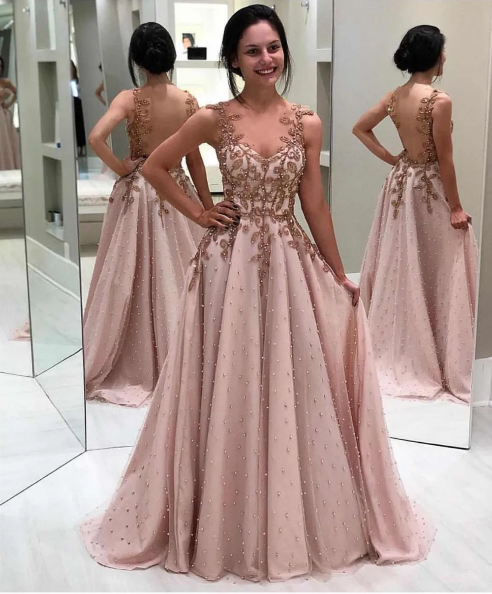 Cocktail Dress Sexy Beads Long Elegant Lace Appliques Evening Party Dresses Backless A Line vestido de fiesta de boda