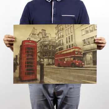 

United Kingdom Red Telephone Booth and Bus Vintage Kraft Paper Movie Poster Map School Garage Wall Decoration DIY Retro Prints