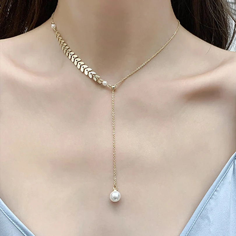 Запасами ивовых деревьев лист чокер с жемчугом подвеской ожерелье для женщин