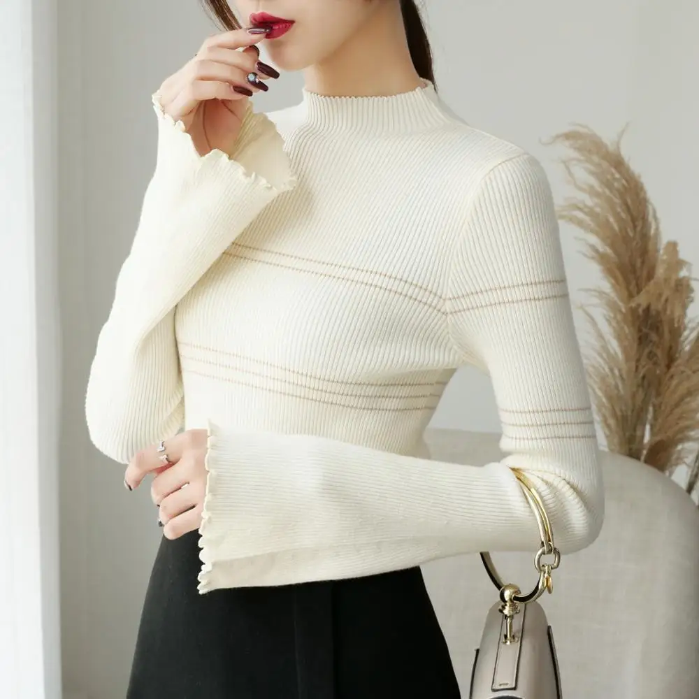 

Women knitted cotton 2019 Women Sweater Autumn and Winter New slim Round neck Sweater Pullover Warm Soft Bell sleeve