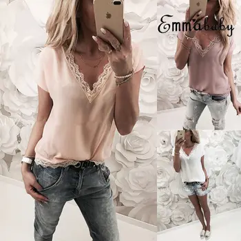 

2020 Women Blouse Shirt Tops Female Sexy Shirt Tops Summer Casual Loose Short Sleeve Solid Lace V-neck Chiffon Blouses Plus Size