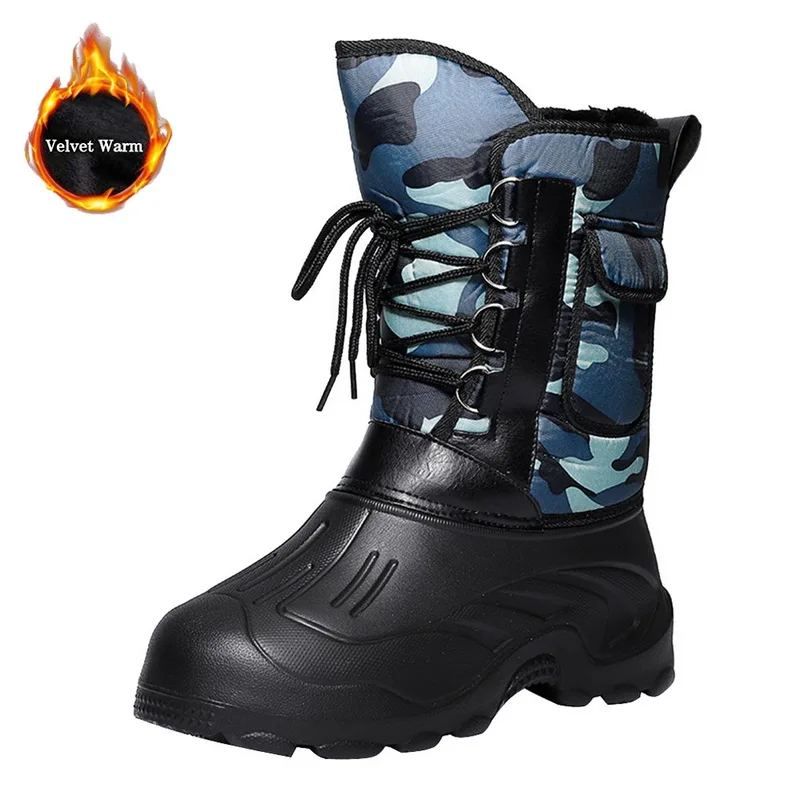 Blue camouflage Для мужчин прогулочная обувь Водонепроницаемый с защитой от холода, плотная зимняя одежда с камуфляжным принтом Пеший Туризм обувь на нескользящей подошве, на шнуровке, сапоги с высоким голенищем - Цвет: Blue camouflage