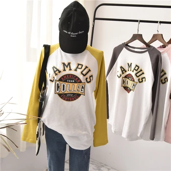 

2019 Good Quality Loose Cotton Tee Women Long Sleeve Fashion Letter Print Basic T Shirt Unisex Soft Comfortable Home Tees Tops