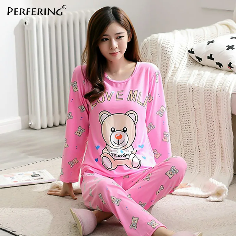 STYLE 12 Perfering розовый пижамный комплект для женщин осень Новая Домашняя одежда Хлопок мультфильм рубашка+ длинные брюки 2 шт. милые пижамы для женщин - Цвет: STYLE 12