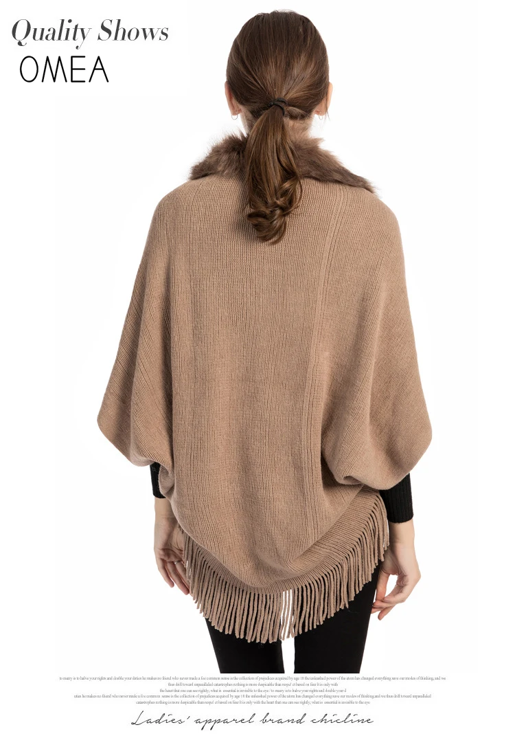 OMEA Fur Collar Poncho Women Winter Knitted Pullover Poncho with Tassel Women Shawl Solid Color Female Ponchos and Capes Ladies