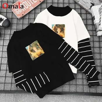 

Korean spring Women shirts stripe black white tops O-Neck basic Students t-shirts autumn Harajuku Loose printing Casual T shirt